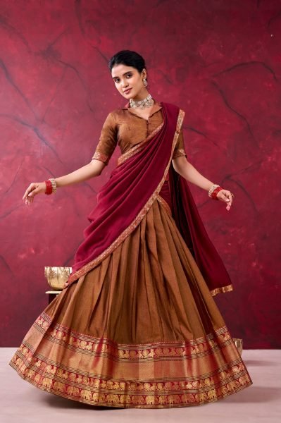 South Indian Galf Saree Brown Traditional Narayanpet Lehenga Choli Half Saree Lehenga