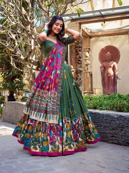 South Indian Kalamkari Lehenga Traditional Half Saree Look in Tussar Silk Best Offer Now