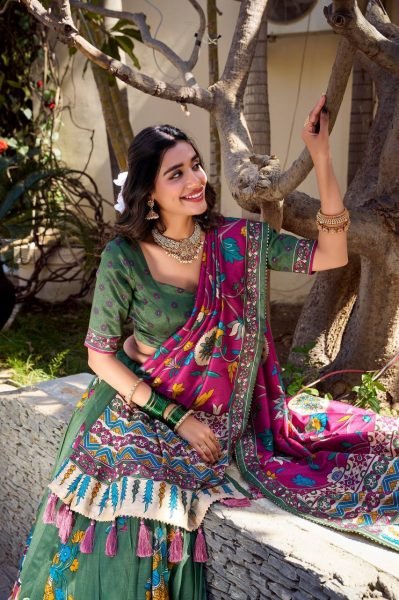South Indian Kalamkari Lehenga Traditional Half Saree Look in Tussar Silk Best Offer Now Half Saree Lehenga