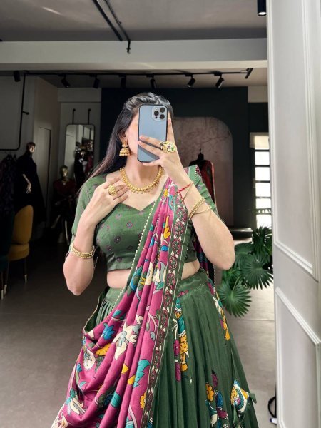 South Indian Kalamkari Lehenga Traditional Half Saree Look in Tussar Silk Best Offer Now Half Saree Lehenga