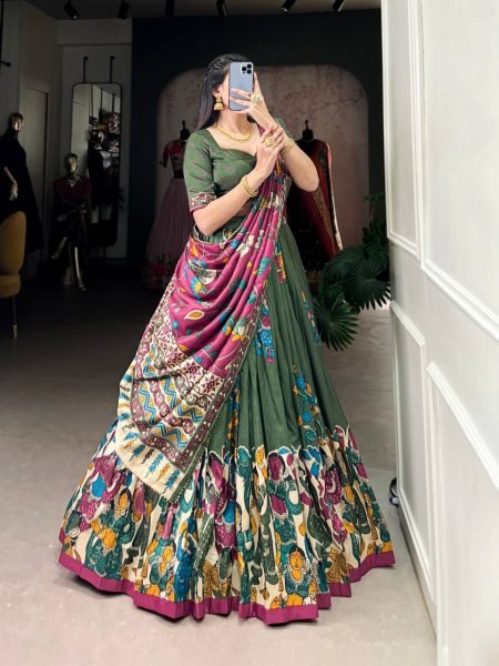 South Indian Kalamkari Lehenga Traditional Half Saree Look in Tussar Silk Best Offer Now Half Saree Lehenga