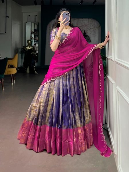 South Indian Purple Pink Kanjivaram Silk Lehenga with Georgette Embroidered Dupatta 