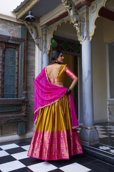 South Indian Stitched Saree Lehenga with Zari Weaving   Embroidered Dupatta Half Saree Lehenga