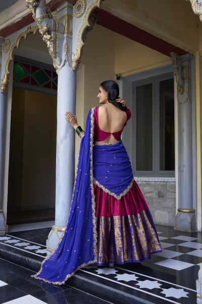 South Indian Stitched Saree Lehenga with Zari Weaving   Embroidered Dupatta Half Saree Lehenga
