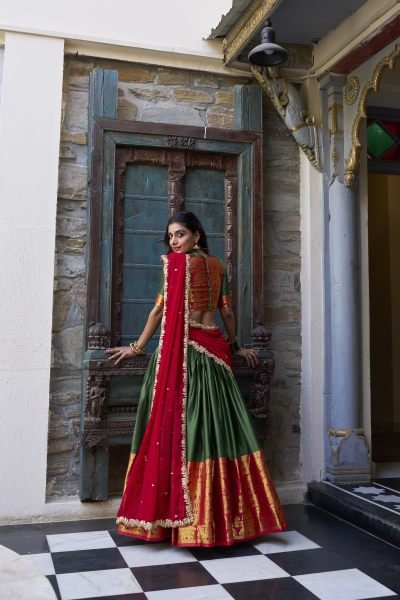 South Indian Stitched Saree Lehenga with Zari Weaving   Embroidered Dupatta Half Saree Lehenga