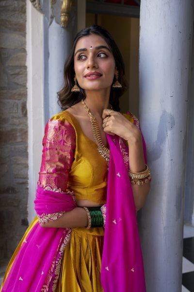 South Indian Stitched Saree Lehenga with Zari Weaving   Embroidered Dupatta Half Saree Lehenga