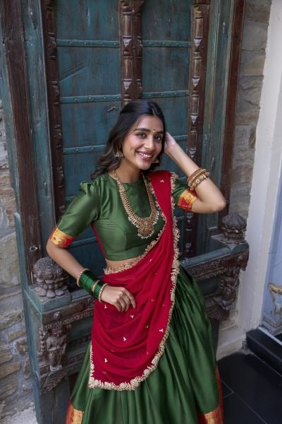 South Indian Stitched Saree Lehenga with Zari Weaving   Embroidered Dupatta Half Saree Lehenga