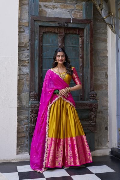 South Indian Stitched Saree Lehenga with Zari Weaving   Embroidered Dupatta Half Saree Lehenga