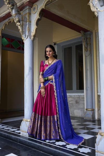 South Indian Stitched Saree Lehenga with Zari Weaving   Embroidered Dupatta Half Saree Lehenga