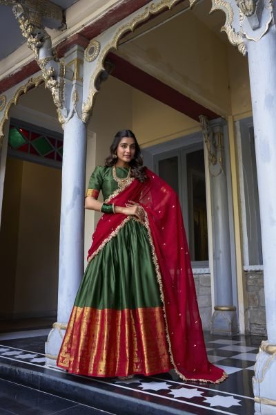 South Indian Stitched Saree Lehenga with Zari Weaving   Embroidered Dupatta Half Saree Lehenga