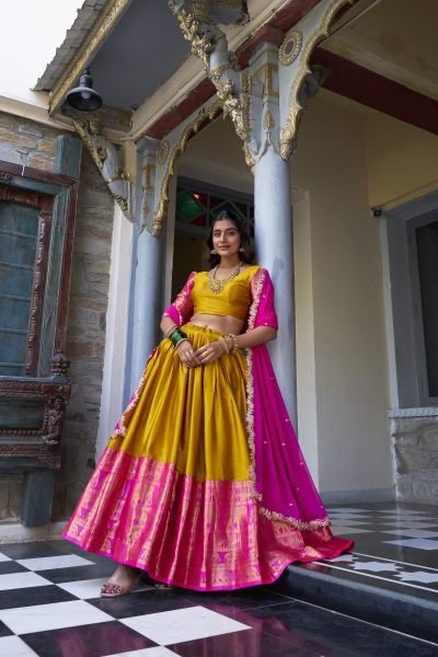 South Indian Stitched Saree Lehenga with Zari Weaving   Embroidered Dupatta Half Saree Lehenga