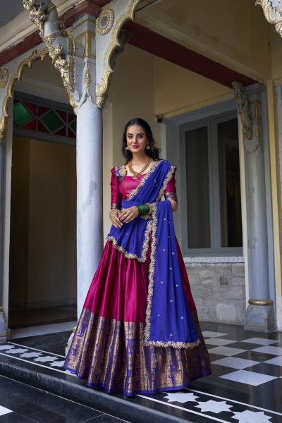South Indian Stitched Saree Lehenga with Zari Weaving   Embroidered Dupatta Half Saree Lehenga
