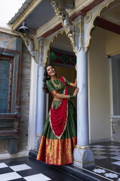 South Indian Stitched Saree Lehenga with Zari Weaving   Embroidered Dupatta Half Saree Lehenga