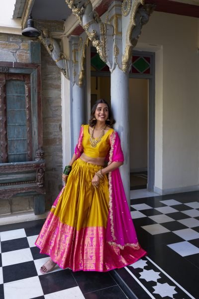 South Indian Stitched Saree Lehenga with Zari Weaving   Embroidered Dupatta Half Saree Lehenga