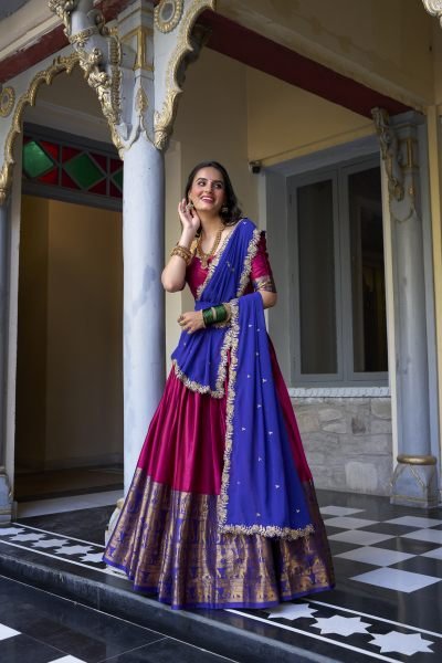 South Indian Stitched Saree Lehenga with Zari Weaving   Embroidered Dupatta Half Saree Lehenga