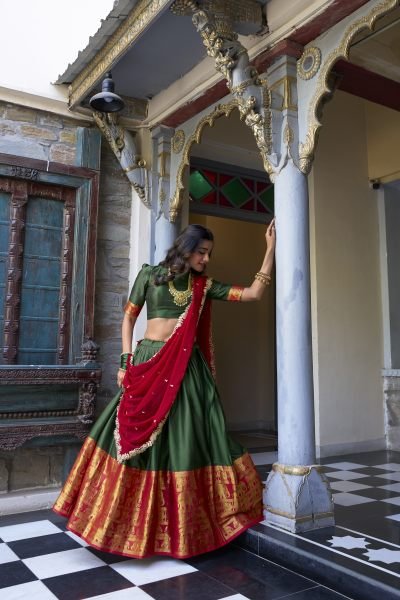 South Indian Stitched Saree Lehenga with Zari Weaving   Embroidered Dupatta Half Saree Lehenga