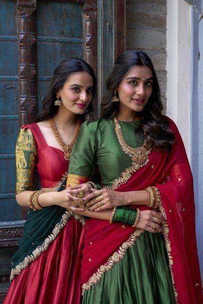 South Indian Stitched Saree Lehenga with Zari Weaving   Embroidered Dupatta Half Saree Lehenga