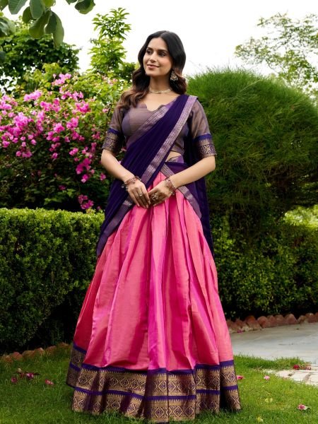 South Indian Style Pink Purple Kanchipuram Lehenga with Lace Border Dupatta  