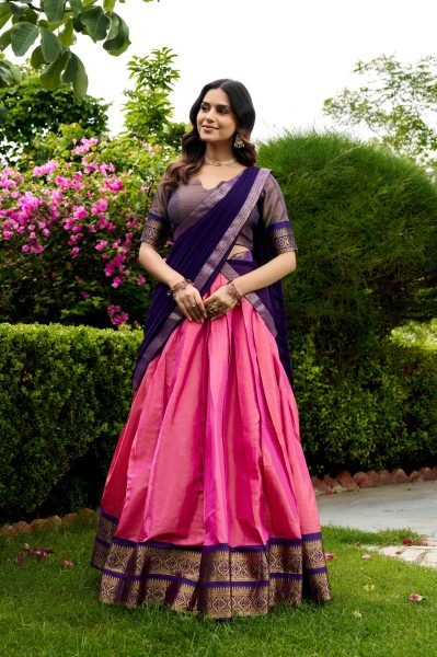 South Indian Style Pink Purple Kanchipuram Lehenga with Lace Border Dupatta  Half Saree Lehenga