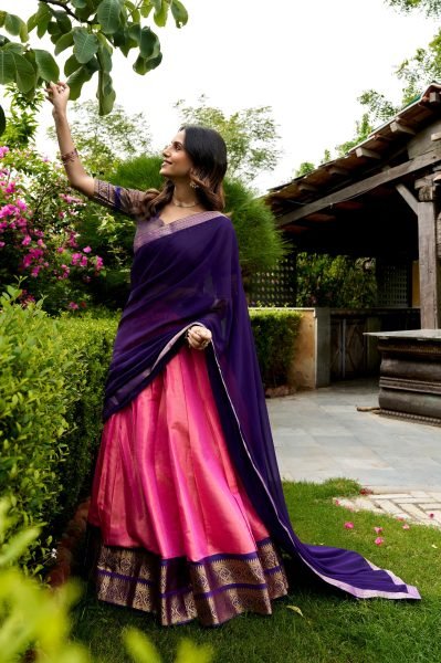 South Indian Style Pink Purple Kanchipuram Lehenga with Lace Border Dupatta  Half Saree Lehenga