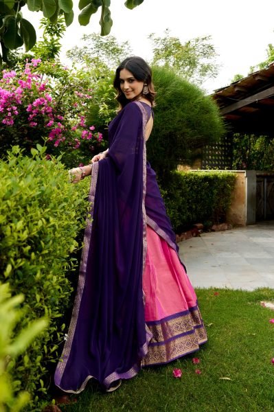 South Indian Style Pink Purple Kanchipuram Lehenga with Lace Border Dupatta  Half Saree Lehenga