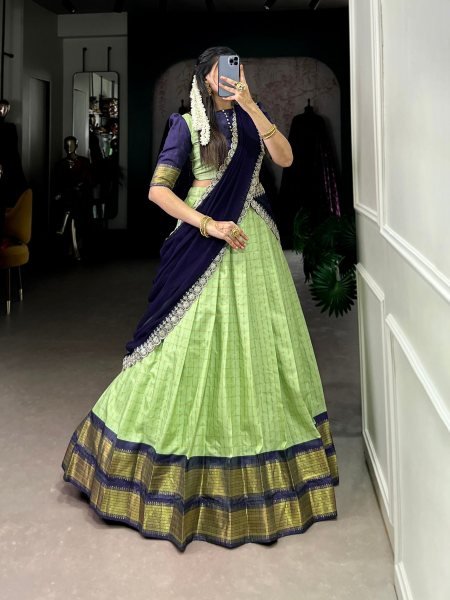 South indian Traditional Semi Stitched Parrot Green Half Saree Lehenga Choli Set