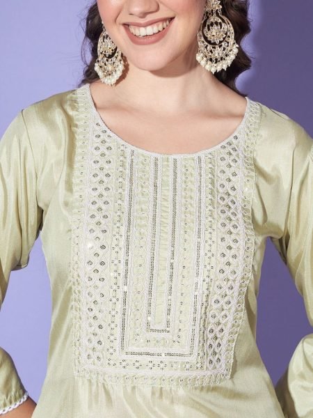 South Silk With Embroiderd Work Kurti Pant With Dupatta  3 Piece Kurti Set