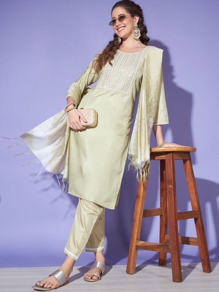 South Silk With Embroiderd Work Kurti Pant With Dupatta  3 Piece Kurti Set