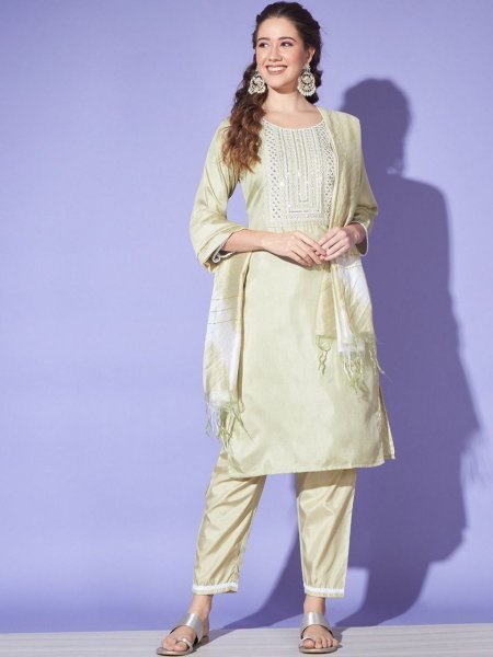 South Silk With Embroiderd Work Kurti Pant With Dupatta  3 Piece Kurti Set