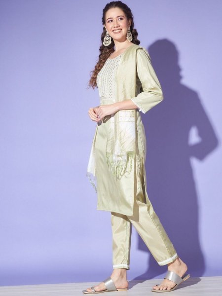 South Silk With Embroiderd Work Kurti Pant With Dupatta  3 Piece Kurti Set