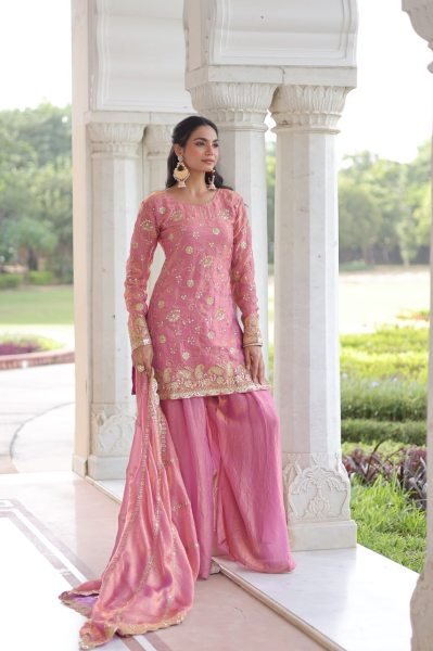 Sparkling Baby Pink Fendy Sequins Embroidered Top   Sharara Set with Cut Work Dupatta for Party Wear  Ready To Wear Collection