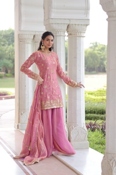 Sparkling Baby Pink Fendy Sequins Embroidered Top   Sharara Set with Cut Work Dupatta for Party Wear  Ready To Wear Collection