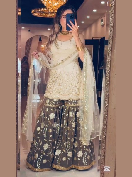 Sparkling Chinnon Silk Sleeveless Sharara Set with Net Dupatta for Wholesale Supplier 