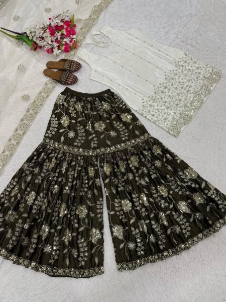 Sparkling Chinnon Silk Sleeveless Sharara Set with Net Dupatta for Wholesale Supplier Ready To Wear Collection