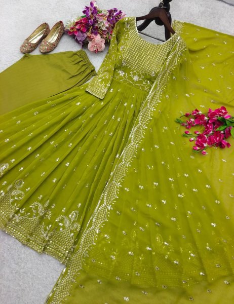 Sparkling Georgette Embroidered 5mm Sequins Work Gown Set with Fully Stitched Pant   Dupatta Perfect for Wedding Wear Plus Size Kurti / Gown