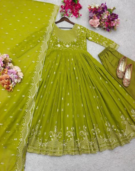 Sparkling Georgette Embroidered 5mm Sequins Work Gown Set with Fully Stitched Pant   Dupatta Perfect for Wedding Wear Plus Size Kurti / Gown