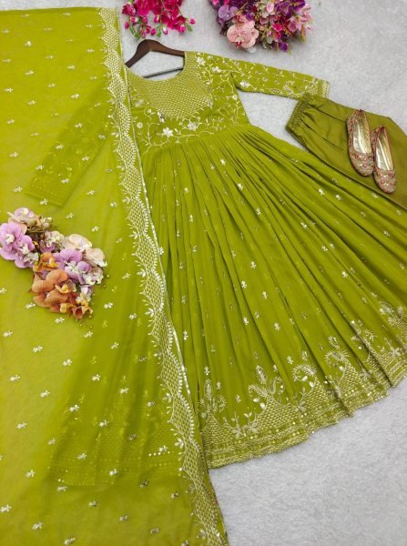 Sparkling Georgette Embroidered 5mm Sequins Work Gown Set with Fully Stitched Pant   Dupatta Perfect for Wedding Wear Plus Size Kurti / Gown