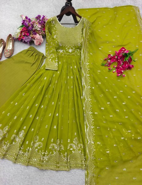 Sparkling Georgette Embroidered 5mm Sequins Work Gown Set with Fully Stitched Pant   Dupatta Perfect for Wedding Wear Plus Size Kurti / Gown