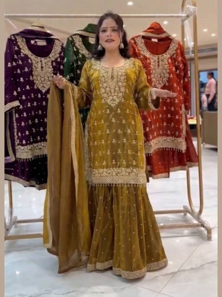 Sparkling Gmy Choo Embroidery Sequin Work Sharara Suit with Lace Border Dupatta at Manufacturer Rate 