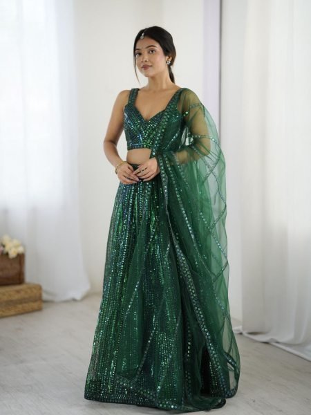 Sparkling Green Net Lehenga Choli with Heavy Sequin Embroidery Party Wear Look Designer Lehenga Choli