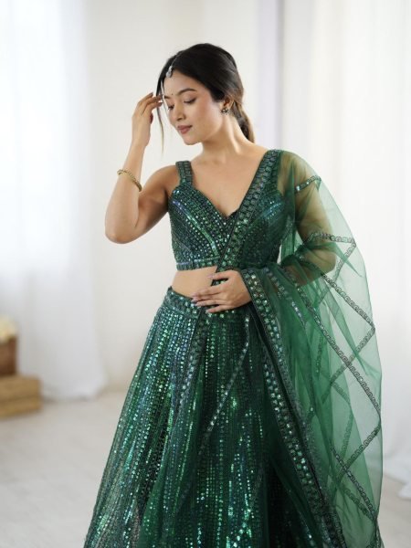 Sparkling Green Net Lehenga Choli with Heavy Sequin Embroidery Party Wear Look Designer Lehenga Choli