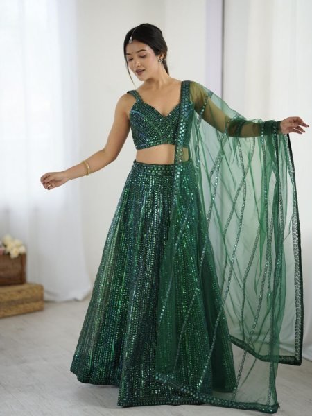 Sparkling Green Net Lehenga Choli with Heavy Sequin Embroidery Party Wear Look Designer Lehenga Choli