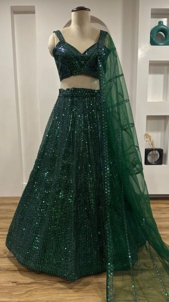 Sparkling Green Net Lehenga Choli with Heavy Sequin Embroidery Party Wear Look Designer Lehenga Choli