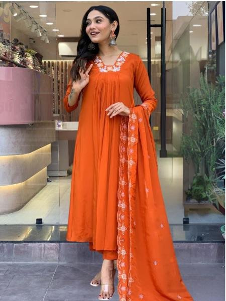 Sparkling Orange Silk Chiffon Embroidered Flared Kurta Set with Rayon Pant and Dupatta 3 Piece Kurti Set