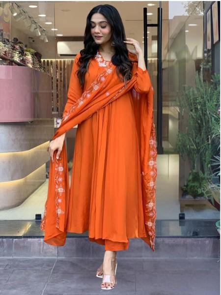 Sparkling Orange Silk Chiffon Embroidered Flared Kurta Set with Rayon Pant and Dupatta 3 Piece Kurti Set