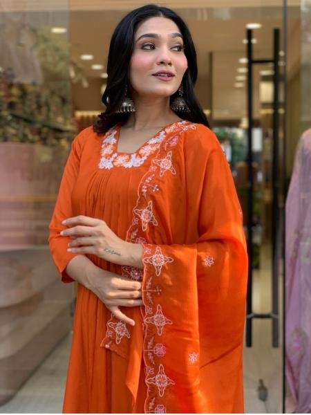 Sparkling Orange Silk Chiffon Embroidered Flared Kurta Set with Rayon Pant and Dupatta 3 Piece Kurti Set