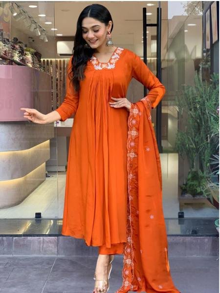 Sparkling Orange Silk Chiffon Embroidered Flared Kurta Set with Rayon Pant and Dupatta 3 Piece Kurti Set