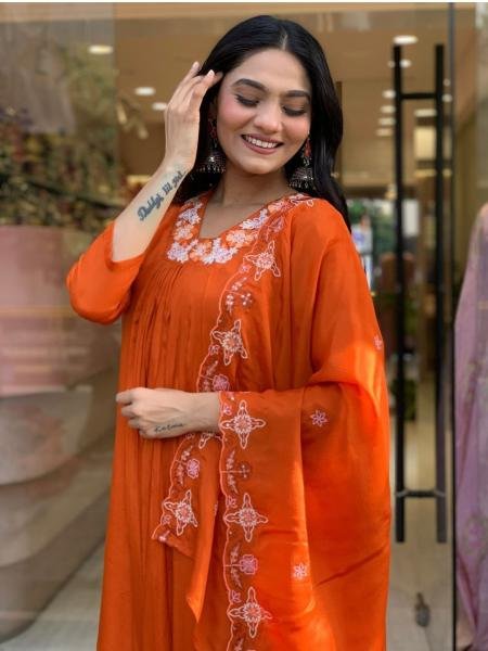 Sparkling Orange Silk Chiffon Embroidered Flared Kurta Set with Rayon Pant and Dupatta 3 Piece Kurti Set