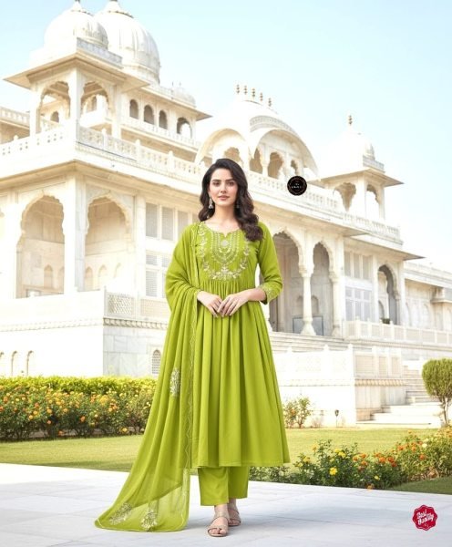 Sparkling Parrot Green Tiered Anarkali Kurti with Pitten Work Yoke   Cotton Pant with Malmal Dupatta for Parties   Functions Anarkali Kurtis 