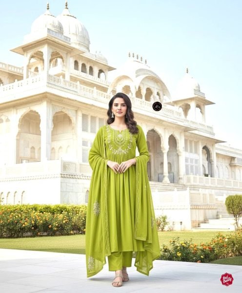 Sparkling Parrot Green Tiered Anarkali Kurti with Pitten Work Yoke   Cotton Pant with Malmal Dupatta for Parties   Functions Anarkali Kurtis 